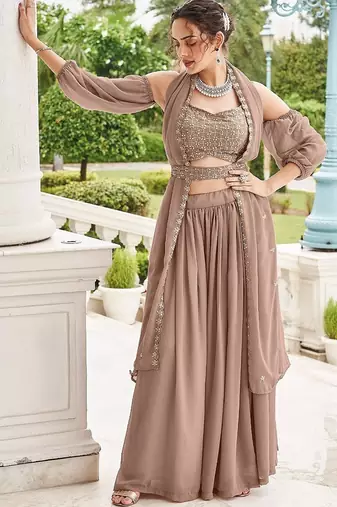 Fawn Embroidery Thread & Sequins Georgette Semi Stitched Lehenga Set