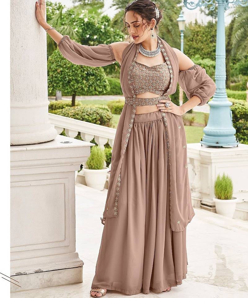 Fawn Embroidery Thread & Sequins Georgette Semi Stitched Lehenga Set