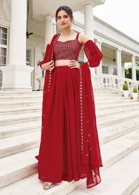Red Embroidery Thread & Sequins Georgette Semi Stitched Lehenga Set 1
