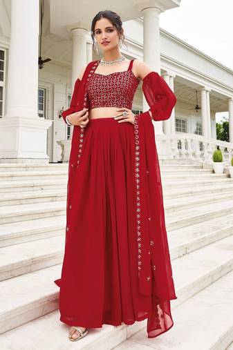 Red Embroidery Thread & Sequins Georgette Semi Stitched Lehenga Set