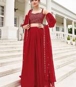 Red Embroidery Thread & Sequins Georgette Semi Stitched Lehenga Set