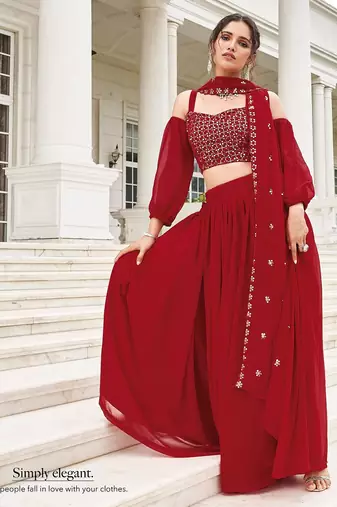 Red Embroidery Thread & Sequins Georgette Semi Stitched Lehenga Set