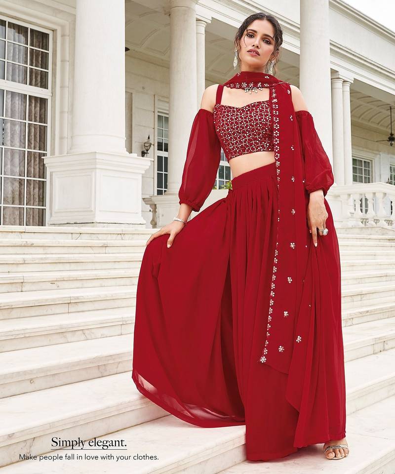 Red Embroidery Thread & Sequins Georgette Semi Stitched Lehenga Set