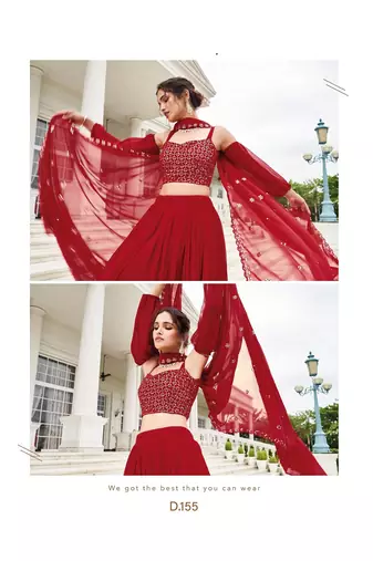 Red Embroidery Thread & Sequins Georgette Semi Stitched Lehenga Set