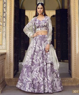 Lavender Floral Print Silk Blend Semi Stitched Lehenga Set 1