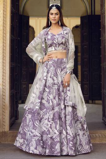 Lavender Floral Print Silk Blend Semi Stitched Lehenga Set