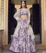 Lavender Floral Print Silk Blend Semi Stitched Lehenga Set