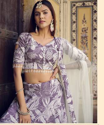Lavender Floral Print Silk Blend Semi Stitched Lehenga Set 2