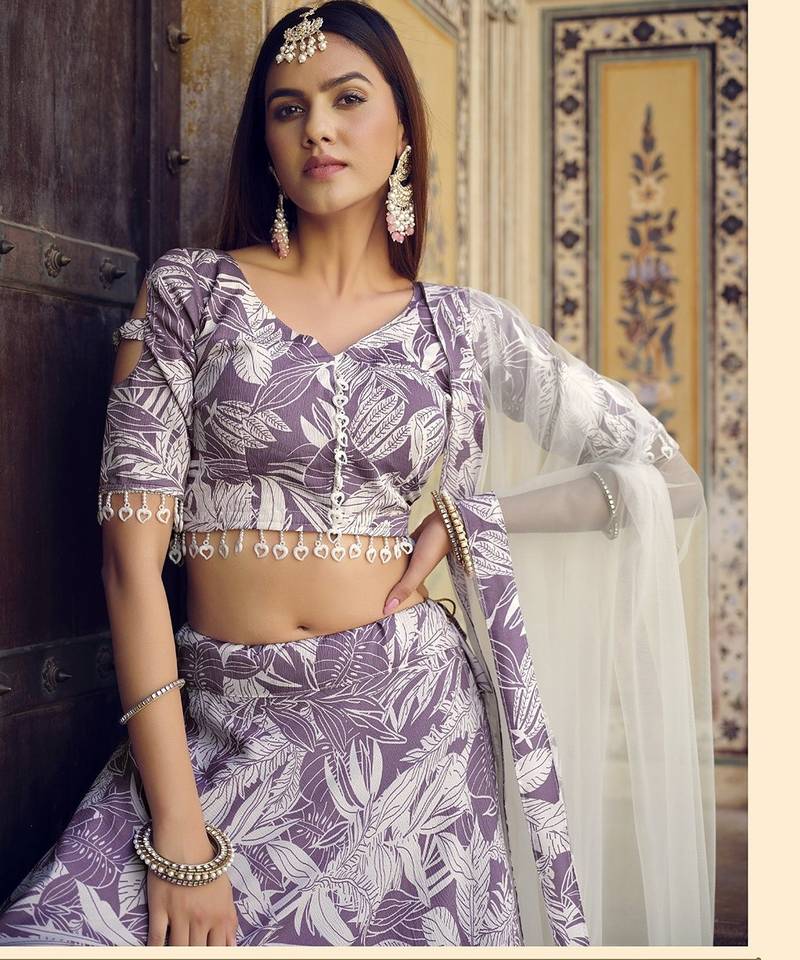 Lavender Floral Print Silk Blend Semi Stitched Lehenga Set