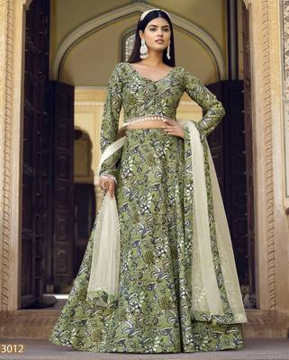 Green Floral Print Silk Blend Semi Stitched Lehenga Set 1