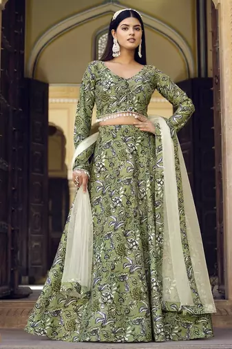 Green Floral Print Silk Blend Semi Stitched Lehenga Set