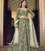 Green Floral Print Silk Blend Semi Stitched Lehenga Set