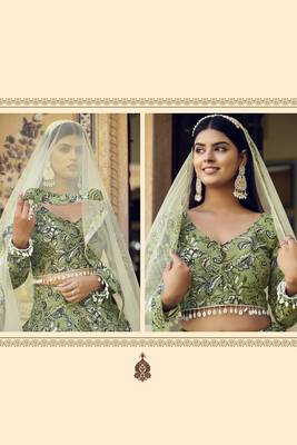 Green Floral Print Silk Blend Semi Stitched Lehenga Set 2