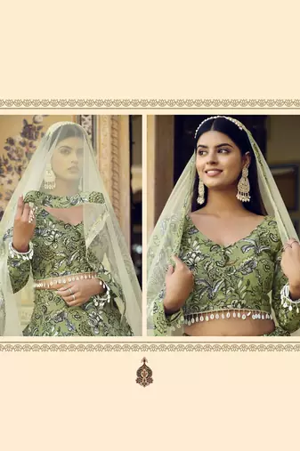 Green Floral Print Silk Blend Semi Stitched Lehenga Set