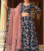 Black Floral Print Silk Blend Semi Stitched Lehenga Set