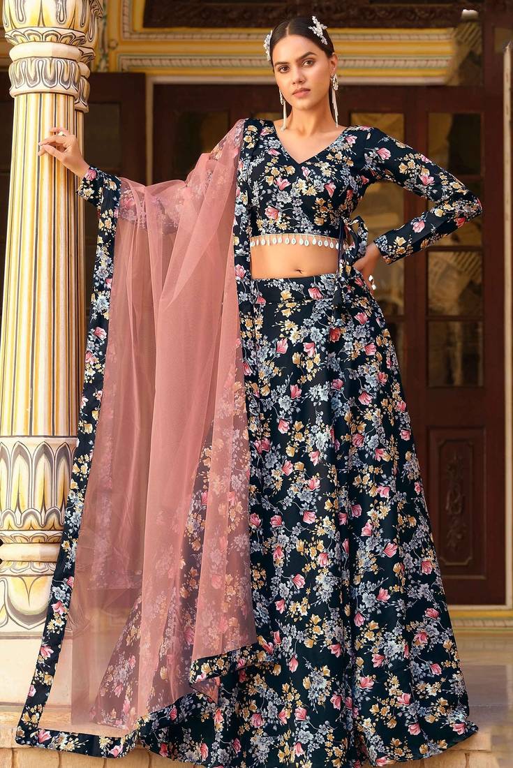 Black Floral Print Silk Blend Semi Stitched Lehenga Set