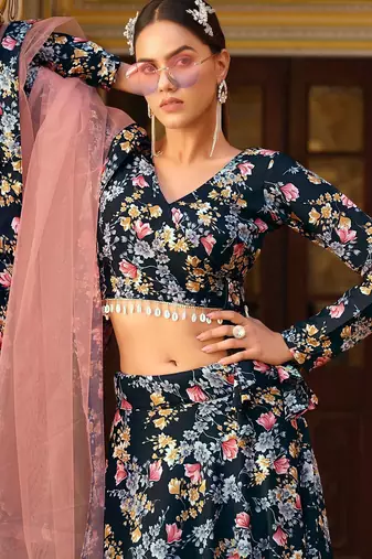 Black Floral Print Silk Blend Semi Stitched Lehenga Set