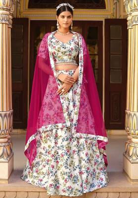 White Floral Print Silk Blend Semi Stitched Lehenga Set 1