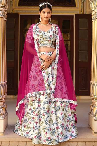 White Floral Print Silk Blend Semi Stitched Lehenga Set