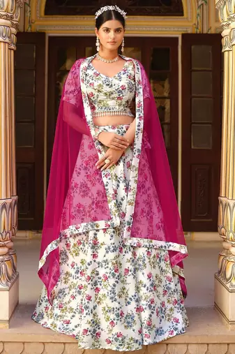 White Floral Print Silk Blend Semi Stitched Lehenga Set
