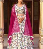 White Floral Print Silk Blend Semi Stitched Lehenga Set