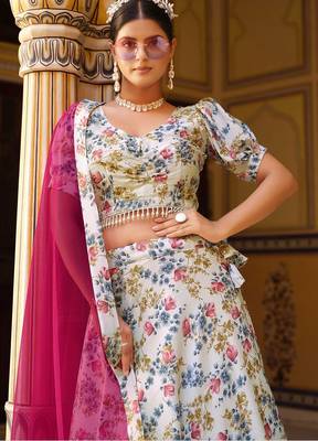 White Floral Print Silk Blend Semi Stitched Lehenga Set 2