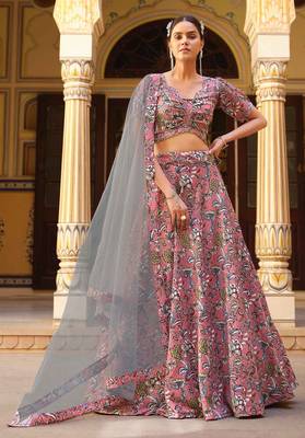 Mauve Floral Print Silk Blend Semi Stitched Lehenga Set 1
