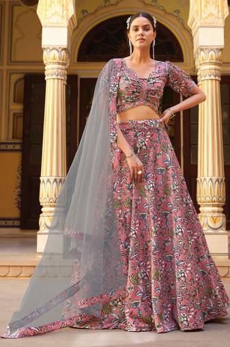 Mauve Floral Print Silk Blend Semi Stitched Lehenga Set