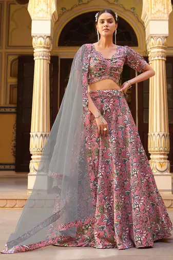 Mauve Floral Print Silk Blend Semi Stitched Lehenga Set