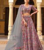 Mauve Floral Print Silk Blend Semi Stitched Lehenga Set