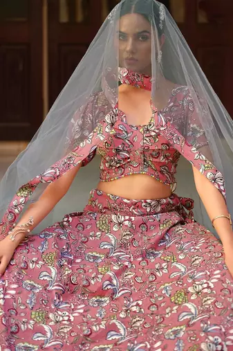 Mauve Floral Print Silk Blend Semi Stitched Lehenga Set