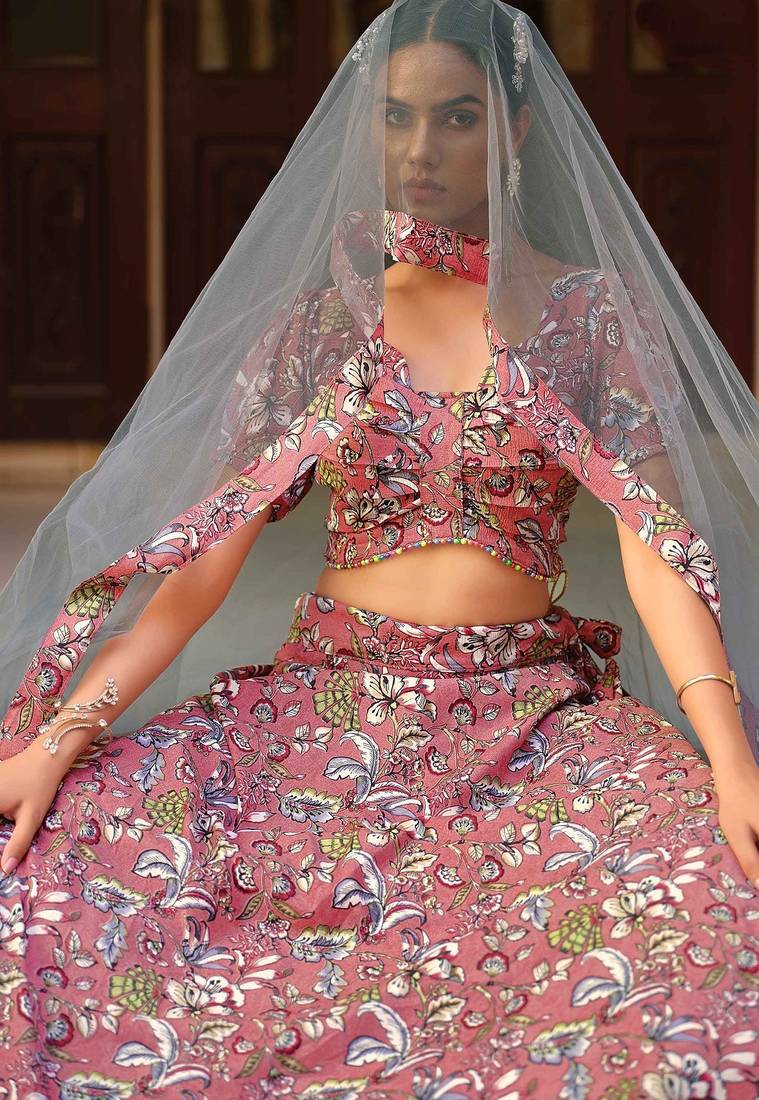 Mauve Floral Print Silk Blend Semi Stitched Lehenga Set