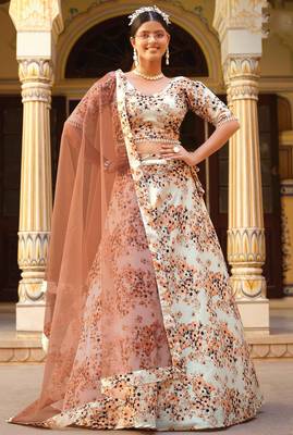 White Floral Print Silk Blend Semi Stitched Lehenga Set 1