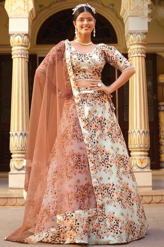 White Floral Print Silk Blend Semi Stitched Lehenga Set