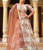 White Floral Print Silk Blend Semi Stitched Lehenga Set