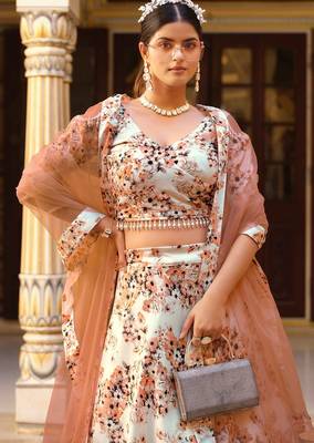 White Floral Print Silk Blend Semi Stitched Lehenga Set 2