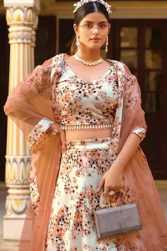 White Floral Print Silk Blend Semi Stitched Lehenga Set