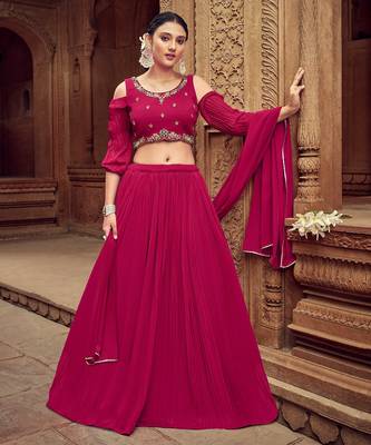 Pink Hend Work Georgette Semi Stitched Lehenga Set 1
