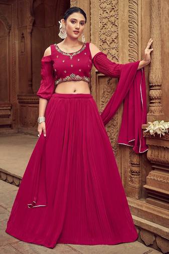 Pink Hend Work Georgette Semi Stitched Lehenga Set