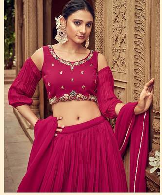Pink Hend Work Georgette Semi Stitched Lehenga Set 2