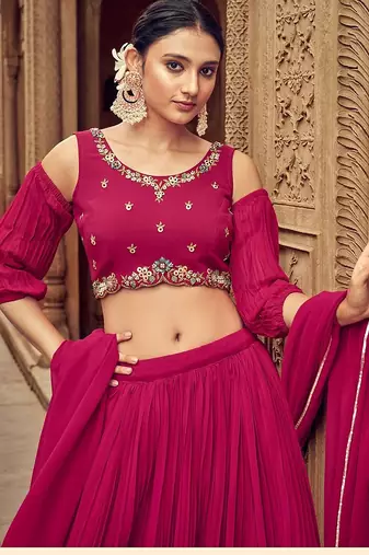 Pink Hend Work Georgette Semi Stitched Lehenga Set