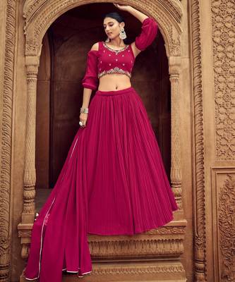 Pink Hend Work Georgette Semi Stitched Lehenga Set 3