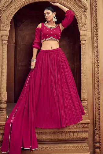 Pink Hend Work Georgette Semi Stitched Lehenga Set