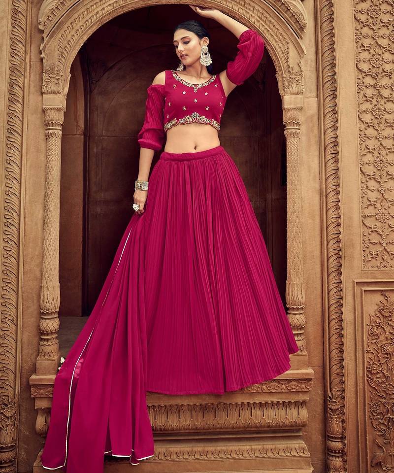 Pink Hend Work Georgette Semi Stitched Lehenga Set