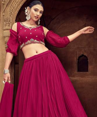 Pink Hend Work Georgette Semi Stitched Lehenga Set 4