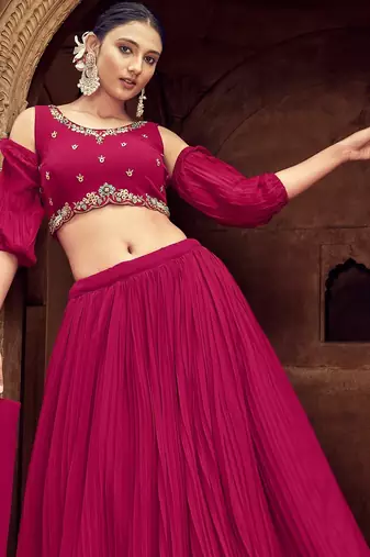 Pink Hend Work Georgette Semi Stitched Lehenga Set