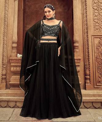 Black Hend Work Georgette Semi Stitched Lehenga Set 1