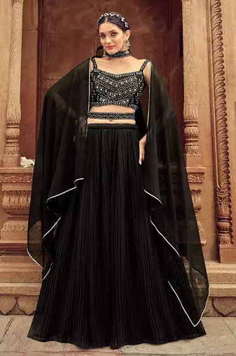Black Hend Work Georgette Semi Stitched Lehenga Set