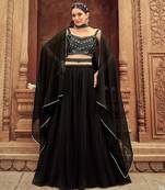 Black Hend Work Georgette Semi Stitched Lehenga Set