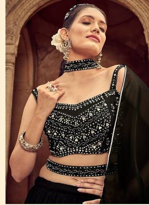 Black Hend Work Georgette Semi Stitched Lehenga Set 2